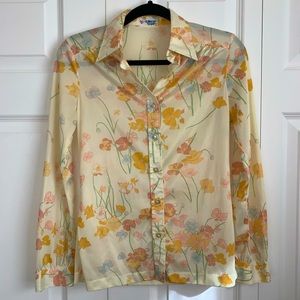 Vintage 70s Floral Button Up Blouse Butterstick Yellow